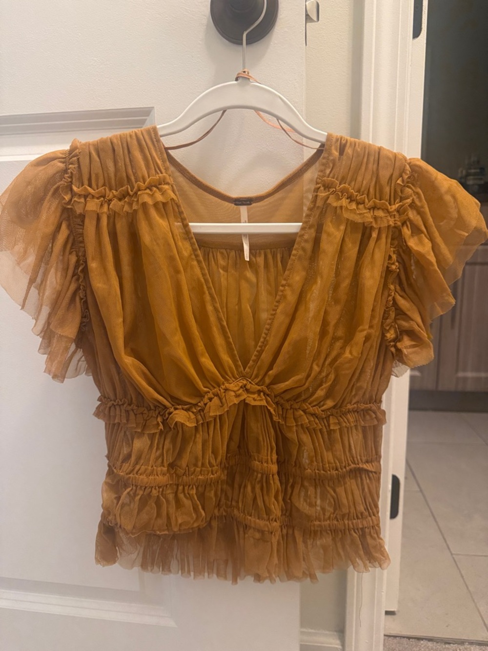 Women’s Ruffled V-Neck Short Sleeve Top - Mustard/Copper